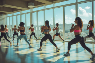 Group of Latin American women in fitness clothing doing exercise in the gym