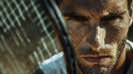 Tennisman Portrait With Intensity And Determination Etched On His Face, Gripping His Racket Ready For The Game. Caucasian Tennis Player. Tennis Club Or Tennis Competition Background