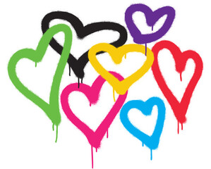 Multicolored spray graffiti hearts on white. Fall in love and St. Valentine's day concept on February 14th.