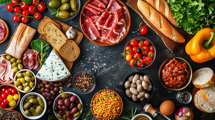 tavola ricca di diverse pietanze in stile italiano, prosciutto, olive e formaggi misti, tavola con pietanze disposte in modo ordinato
