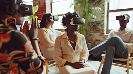 A diverse group exploring virtual reality in a relaxed living room setting. Modern innovative technologies in everyday life, psychological reboot, joint learning, discussion