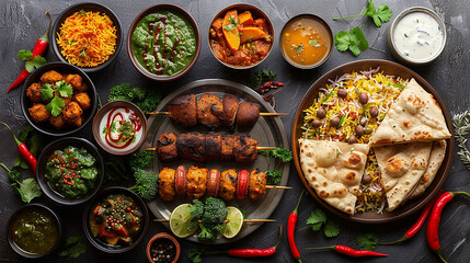 tavolo pieno di diversi tipi di cibo indiano, vista dall'alto - obrazy, fototapety, plakaty