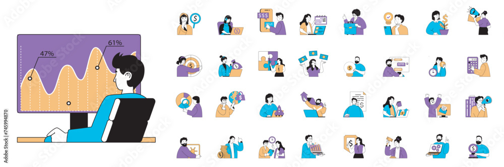 Poster business concept with character situations mega set in flat web design. bundle of scenes people brai