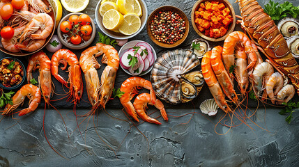 tavolata ricca di piatti di pesci e frutti di mare vista dall'alto, cibo ordinato esteticamente, 