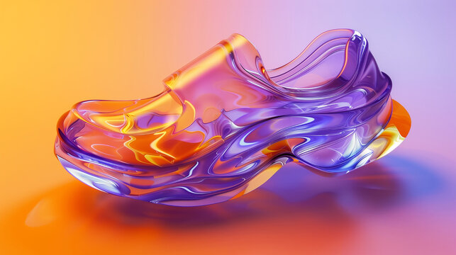 Illustration of transparent and colored fluids forming a transparent glass shoe. Sparkling and colorful glass slippers with gradient background