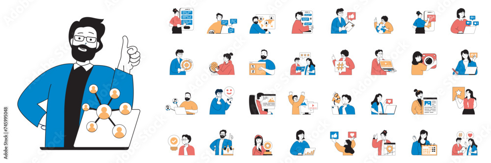 Leinwandbilder social network concept with character situations mega set in flat web design. bundle of scenes peopl