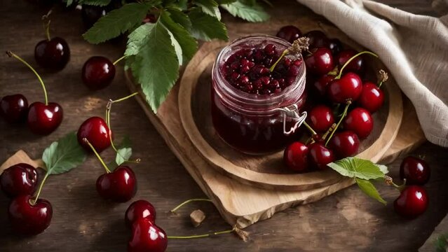 delicious cherry jam in a jar in the kitchen