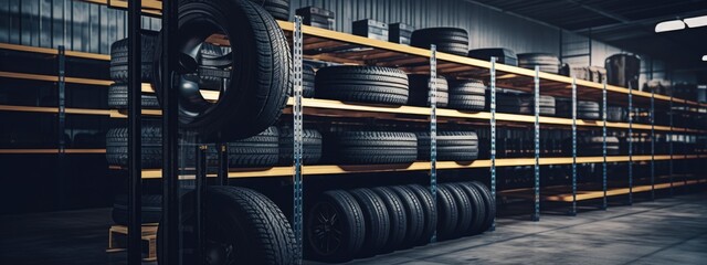 Tire changing tire repair car service shop background banner, tire in automobile fixing garage. New tire is placed on the tire storage rack on warehouse, Car tires	