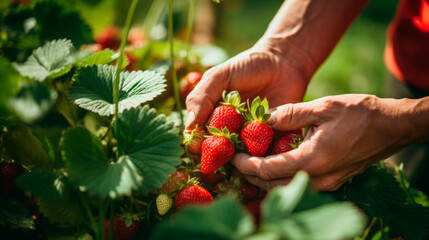 Hands picking strawberries in the garden