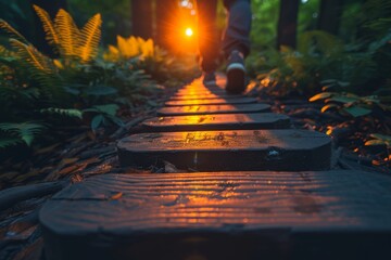 A sunlit path with wooden steps winds through a lush green forest during a captivating sunset