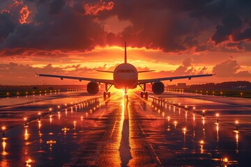 An impressive airplane frontal silhouette with the sun setting behind it on a rain-soaked tarmac reflecting lights