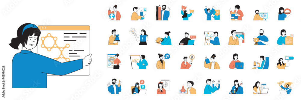 Aufkleber Education concept with character situations mega set in flat web design. Bundle of scenes people learning at school or university, gaining skills and knowledges, doing science. Vector illustrations.