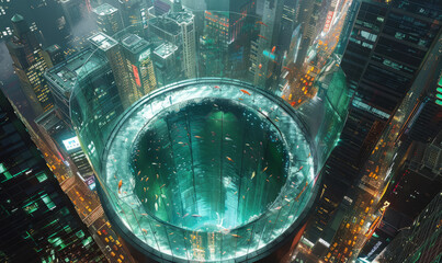 Futuristic cityscape. Aerial view of futuristic night cityscape with illuminated skyscrapers and modern glass structures.
