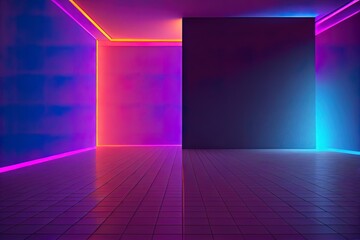 Empty room with neon pink, orange and blue lights.