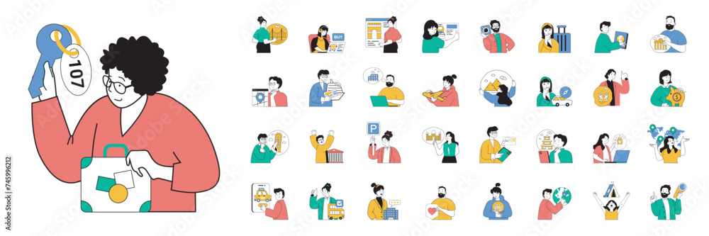 Poster travel concept with character situations mega set in flat web design. bundle of scenes people go on 