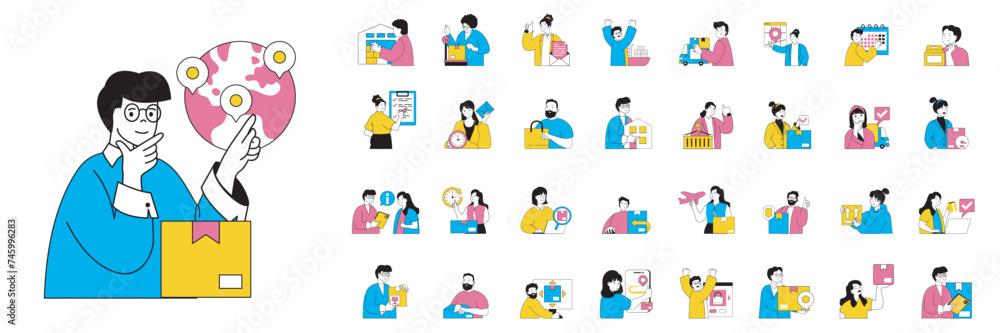 Aufkleber delivery concept with character situations mega set in flat web design. bundle of scenes people send