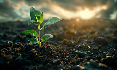 Young plant growing on the soil with dark background and sunlight - obrazy, fototapety, plakaty