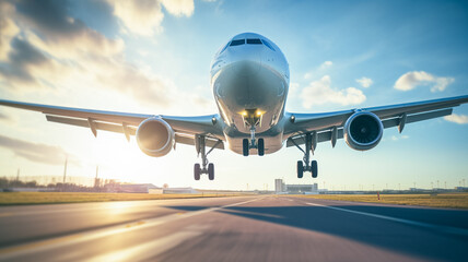 Passenger plane is landing of the airport takeoff on airport runway. Aviation and air travel passenger plane lands on the runway. Transportation and logistics concept.

 - obrazy, fototapety, plakaty