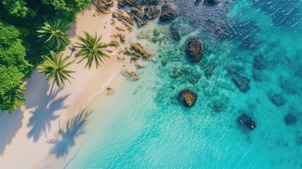 Aerial view of beautiful tropical beach which summer Amazing Sandy coastline and white turquiose sea waves. As Aerial view of white sand beach and water surface texture, foamy waves, generative ai