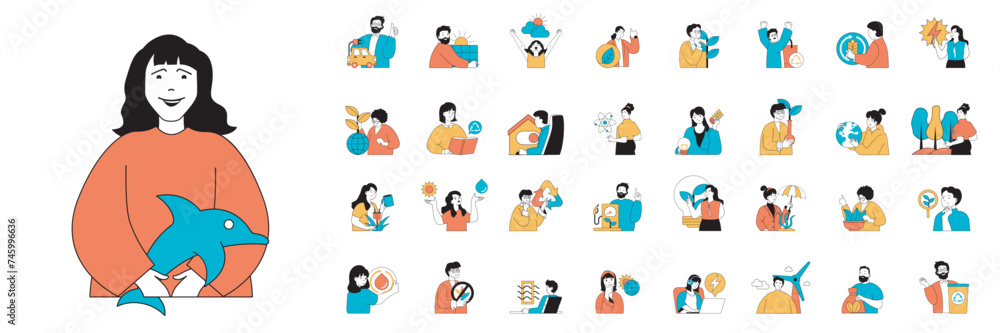 Poster Ecology concept with character situations mega set in flat web design. Bundle of scenes people using alternative energy, saving planet from climate change, protecting ecosystems. Vector illustrations.