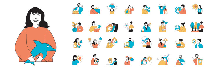 Ecology concept with character situations mega set in flat web design. Bundle of scenes people using alternative energy, saving planet from climate change, protecting ecosystems. Vector illustrations.