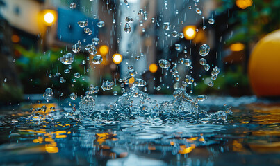 Rain drops falling into puddle with bokeh lights in the background