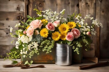 bouquet of flowers, Embrace the beauty of nature with a charming arrangement of flowers and leaves nestled in a rustic tin can