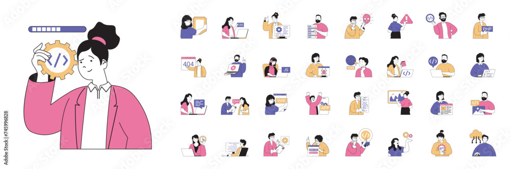 Aufkleber Programming concept with character situations mega set in flat web design. Bundle of scenes people coding and engineering programs, searching bugs, testing and make optimization. Vector illustrations.