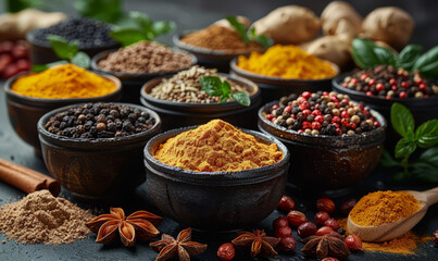 Fototapeta premium Selection of various colorful spices on black slate background