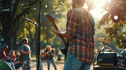 young man playing guitar with friends live music event concert in a park. enjoy outdoor activity  - obrazy, fototapety, plakaty