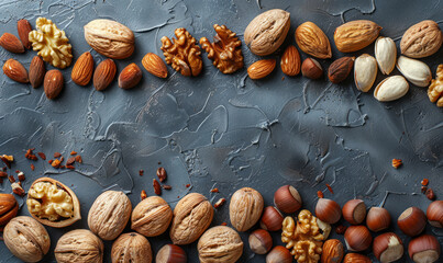 Walnuts hazelnuts almonds pistachios cashews hazelnut and walnut kernels on dark background