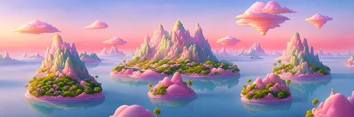 Poster Surreal and dreamlike landscape of floating islands suspended in a pastel-colored sky © Olga Khoroshunova
