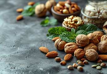 Walnuts almonds hazelnuts cashews pistachios hazelnut and mint leaves on dark background - obrazy, fototapety, plakaty