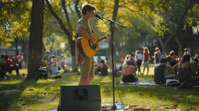 young man playing guitar with friends live music event concert in a park. enjoy outdoor activity