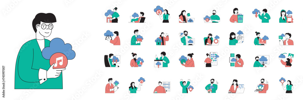 Leinwandbilder cloud computing concept with character situations mega set in flat web design. bundle of scenes peop