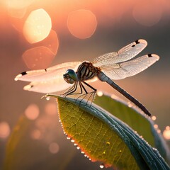 Dragonfly next to a dewy leaf at sunset. Nature background.