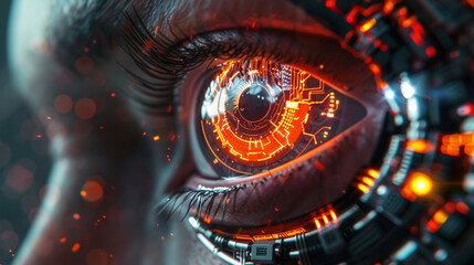 A highly detailed, digitally enhanced eye representing futuristic artificial intelligence and advanced robotics.