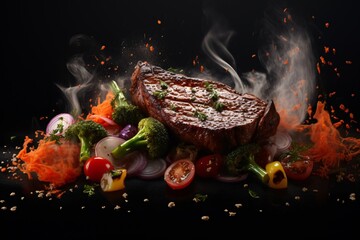 a steak and vegetables with smoke - obrazy, fototapety, plakaty
