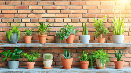 Fototapeta na wymiar Potted plants adorn the foreground against a backdrop of a textured brick wall, forming a harmonious blend of nature and urban aesthetics.