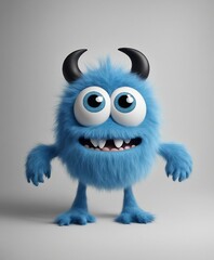Blue furry monster with two large eyes and a big nose on white background, cute, first day of school