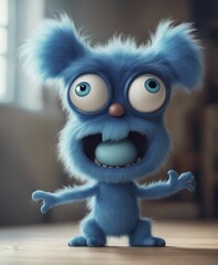 Obraz premium Blue furry monster with two large eyes and a big nose on white background, cute, first day of school