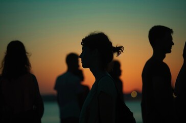 Fototapeta premium Silhouetted figures against a sunset sky representing friendship, togetherness, and the end of a day