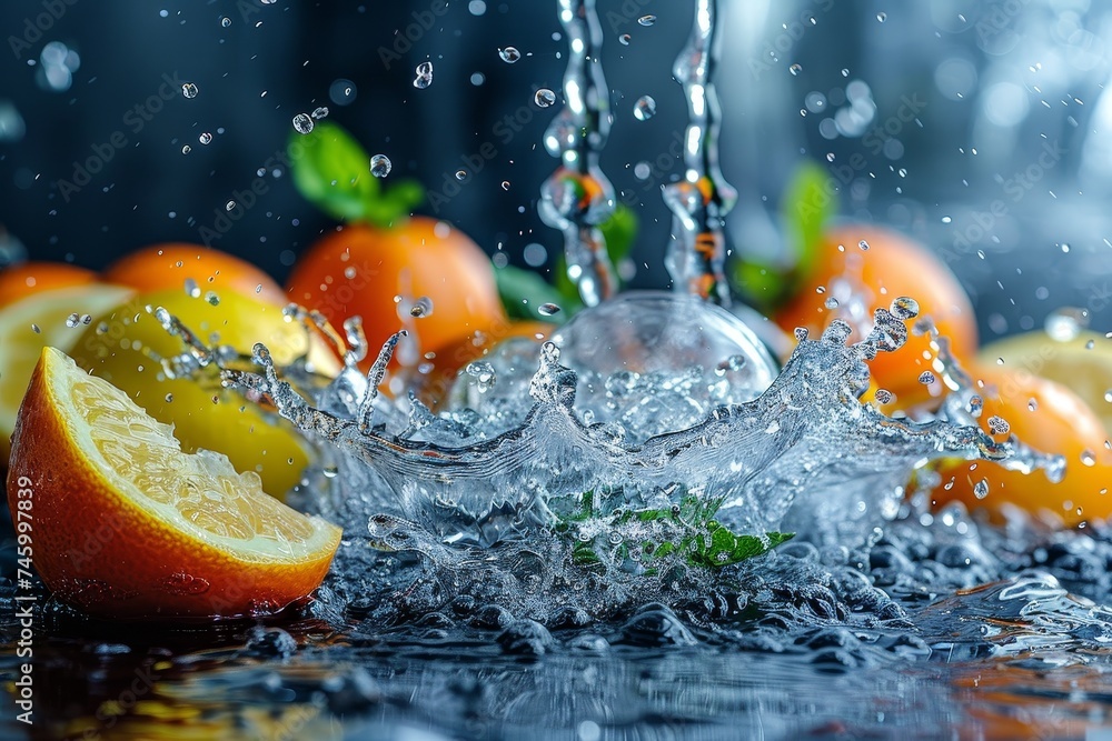 Aufkleber vibrant oranges and lemons captured in mid-air splash with droplets of water flying around creating 