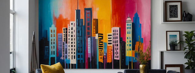 Vibrant abstract painting with gouache. Urban cityscape. Art installation in a chic interior. Modern poster design.