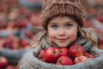 A young girl with a knit hat, holding a basket of apples, showcasing innocence and the autumn harvest