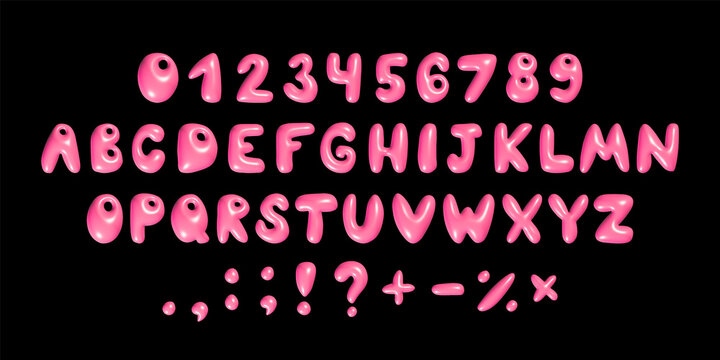Glossy 3D pink bubble font in Y2K style. Playful design inspired by 2000s or 90s, inflated balloon letters. Trendy English type. Realistic illustration