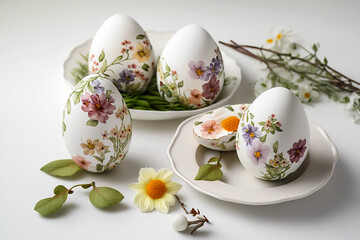Obraz na płótnie Canvas - painted eggs at Easter, white table; generative ai