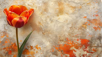 A vibrant orange tulip against a contrasting grungy, brown painted wall.