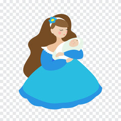 A woman in a blue dress with long dark hair holding a baby in her arms. Isolated vector illustration on transparent background