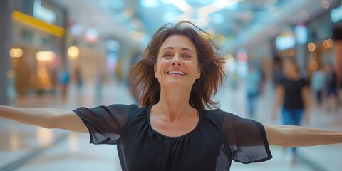 Mature brunette Caucasian woman exuding confidence and poise in a dynamic stance against the backdrop of a bustling, motion-blurred shopping mall